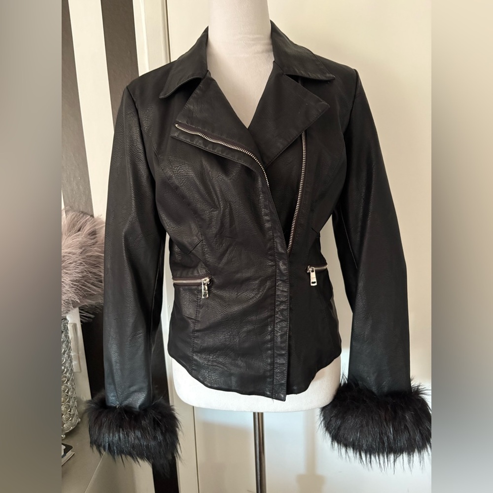 Coalition LA Black Faux Leather Jacket with Fur Cuffs